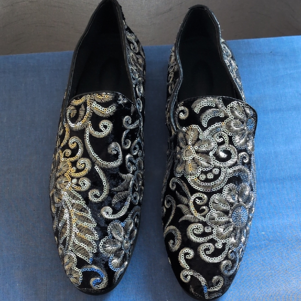 Elegant Black and Silver Embroidered Men's Loafers